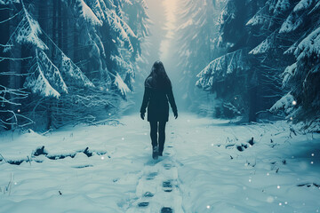 A person is walking through a snowy forest. The person is wearing a black coat and is walking on a...