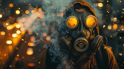 a man wearing a gas mask and a yellow jacket - obrazy, fototapety, plakaty