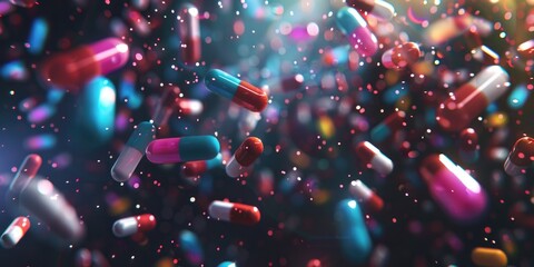 Colorful medicine capsules caught in a magical dance, floating against a dark background, depicting pharmaceutical advancements.