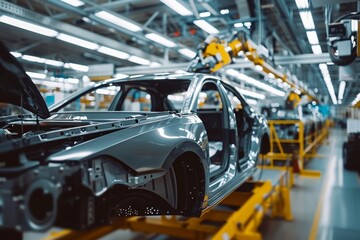 Car Assembly Line at High-Tech Manufacturing Factory