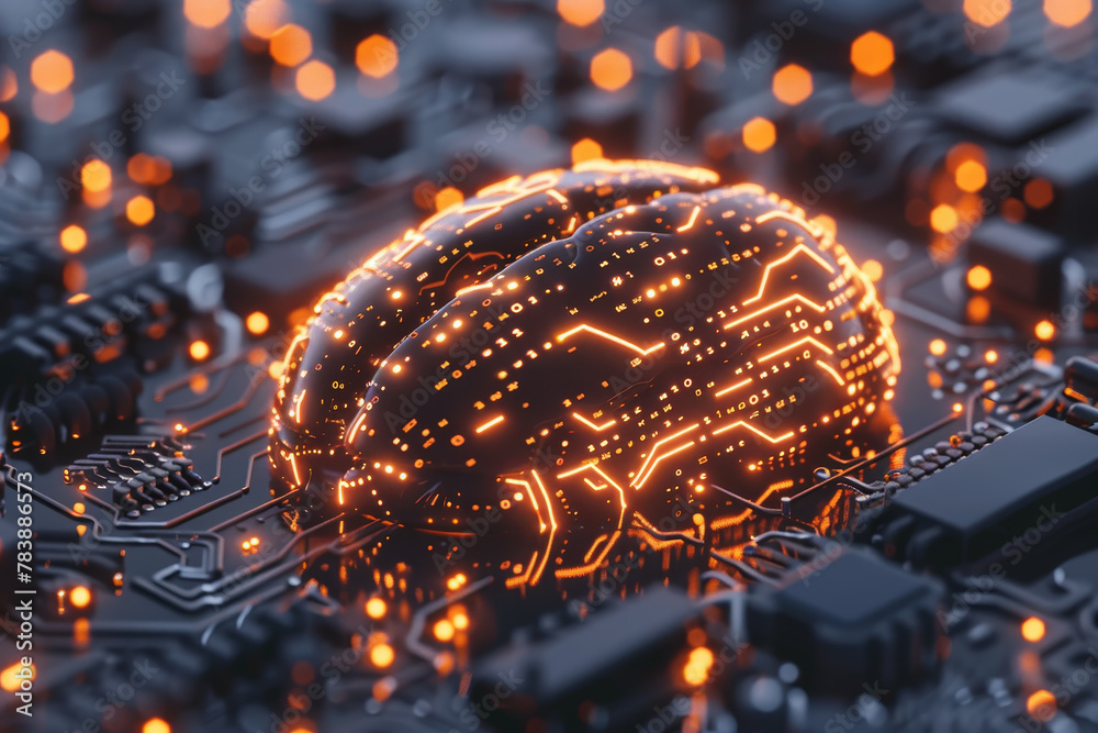 Poster a computer chip with a brain on it. the brain is glowing and surrounded by a lot of circuitry
