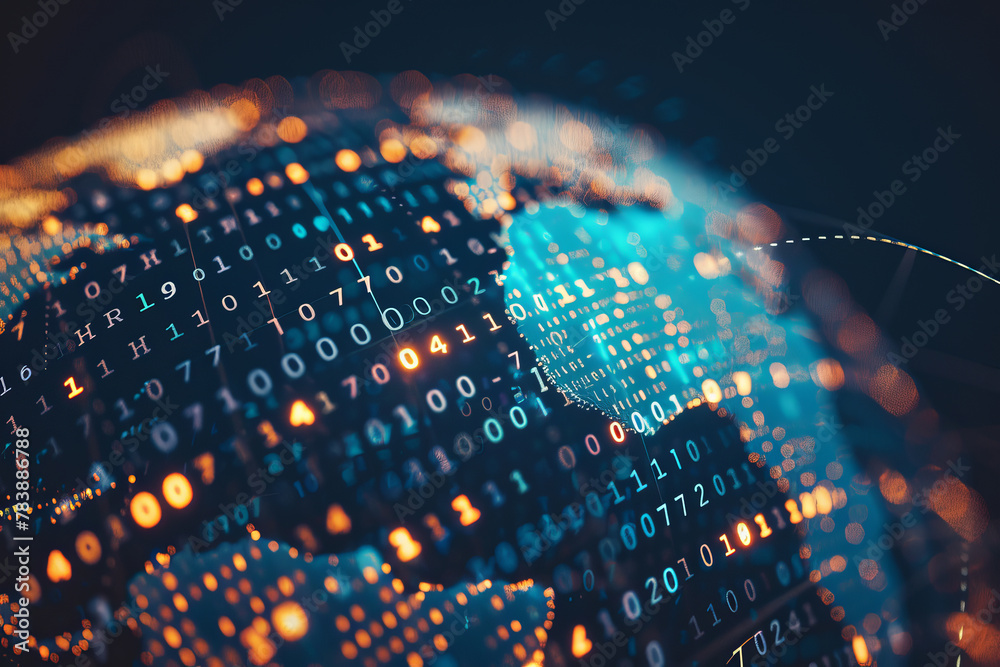 Poster a computer generated image of a globe with a lot of numbers on it. the image has a futuristic and te