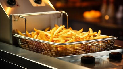 French fries cooking. Grid with strips hop potato in boiling oil. Concept of fast food