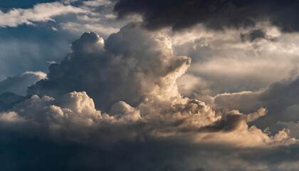 Dramatic cloudscape with dark, billowing clouds illuminated by soft light. - obrazy, fototapety, plakaty