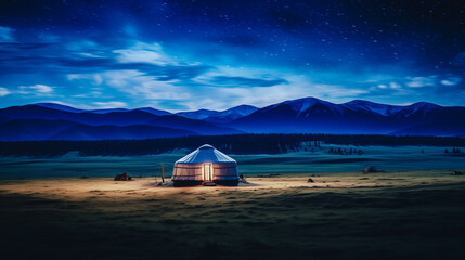 Yurt National old house of peoples of Kyrgyzstan and Asian countries. Ail camp night sky with stars