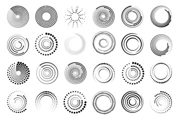 Halftone circular dotted frames set. Set of black thick halftone dotted speed lines. Speed lines in circle form. Geometric art. Vector