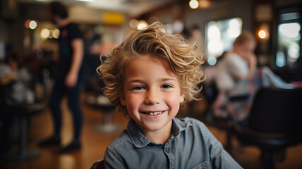 Happy hipster child boy in barbershop with fashion haircut, background barber shop