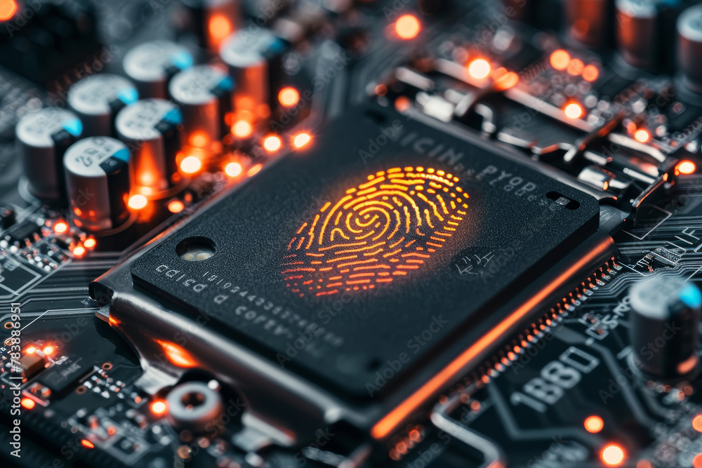 Wall mural a computer chip with a fingerprint on it. the fingerprint is glowing orange