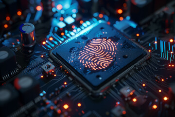 A computer chip with a fingerprint on it. The image has a futuristic and technological feel to it - Powered by Adobe