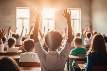 Enthusiastic Classroom Participation: Eager Student Raising Hand Among Peers