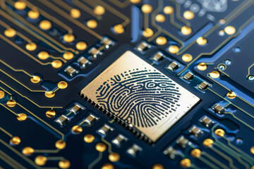 A close up of a computer chip with a fingerprint on it. The fingerprint is a unique identifier for the chip, and it is likely used to secure the chip from unauthorized access - obrazy, fototapety, plakaty