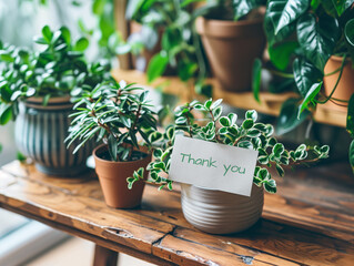 Hand writing thank you on card and ornamental plants in pots on wooden floor
