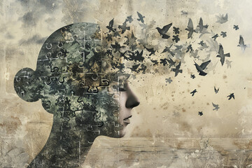 A woman's face is shown with a puzzle piece design, and the background is filled with birds. Concept of chaos and confusion, as the birds seem to be flying in all directions, creating a disordered - obrazy, fototapety, plakaty
