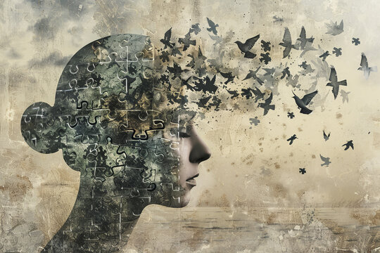 A woman's face is shown with a puzzle piece design, and the background is filled with birds. Concept of chaos and confusion, as the birds seem to be flying in all directions, creating a disordered