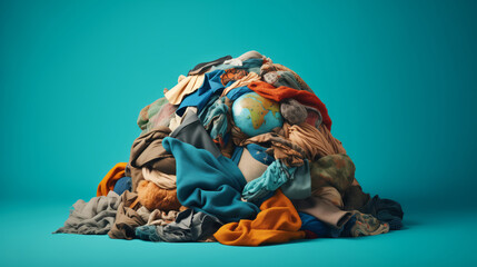 Concept problem Planet Earth is littered with bunch of disposable clothes, global pollution textile lying in heap.