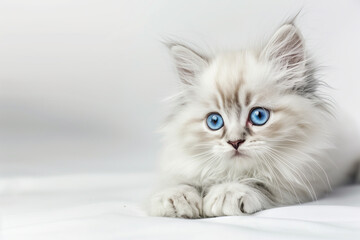 Fototapeta premium Photo of a cute little kitty with long white fur and blue eyes on white backgrond