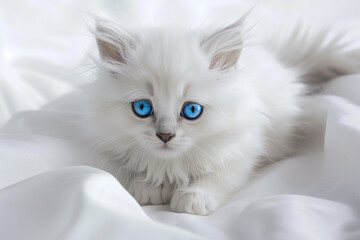 Photo of a cute little kitty with long white fur and blue eyes on white backgrond