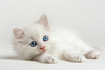 Photo of a cute little kitty with long white fur and blue eyes on white backgrond