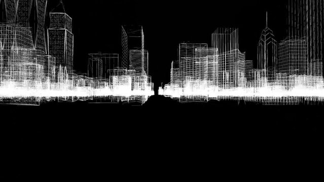 3d render Holographic animation of wireframe city buildings while drive through on black background