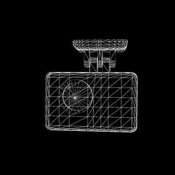 3d render Holographic animation of wireframe camera spinning on black background