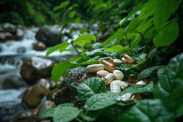A bunch of pills are scattered on a rock near a stream. The pills are of different colors and sizes, and they are surrounded by green leaves. The scene gives off a sense of tranquility - Powered by Adobe