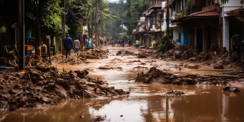 Concept natural disasters with storm wind and rain. Landslide and flooding in city caused by thunderstorm and hurricane