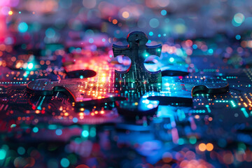 Obraz premium A puzzle piece with a cross on it is on a colorful background. The puzzle piece is surrounded by a cityscape, giving the impression of a futuristic city