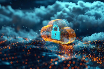 A glowing lock is on a dark background. The lock is surrounded by a cloud of sparks, giving the impression of a futuristic, high-tech device. Concept of security and protection