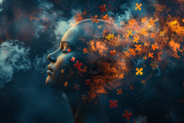 A woman's face is made of puzzle pieces, with a blue background and orange and red pieces. Scene is chaotic and disordered, as the pieces are scattered all over the face - obrazy, fototapety, plakaty