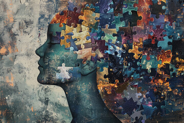 A colorful puzzle of a woman's head with a blue face. The puzzle pieces are scattered all over the image, creating a sense of chaos and disarray. The woman's face is missing - obrazy, fototapety, plakaty