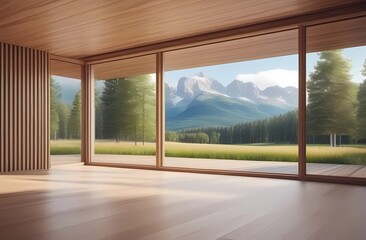 Empty wooden room with large panoramic windows overlooking nature. Stylish minimalist interior - obrazy, fototapety, plakaty