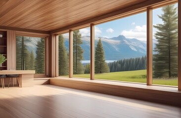 Empty wooden room with large panoramic windows overlooking nature. Stylish minimalist interior