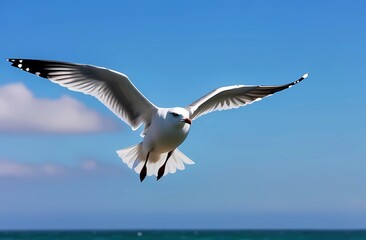 Fototapeta na wymiar Seagull bird flying over the sea. The concept of rest, freedom and tranquility 