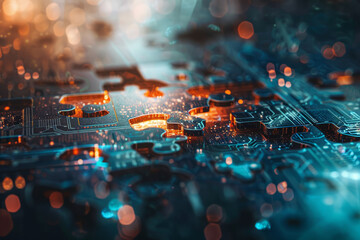 A close up of a jigsaw puzzle with a blue background. The puzzle is made of electronic components and has a bright orange piece. The image has a futuristic and technological feel to it - obrazy, fototapety, plakaty