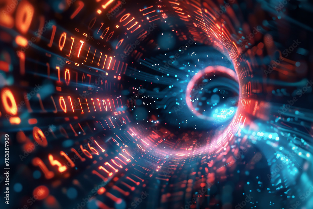 Poster a spiral of numbers and red and blue colors. the numbers are in binary code and the colors are brigh
