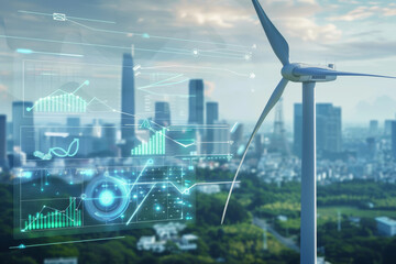 A wind turbine is shown in a city with a green screen behind it. The screen displays a variety of graphs and numbers, giving the impression of a futuristic, high-tech city. Scene is one of innovation