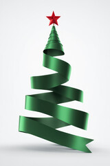  christmas tree made out of  green satin ribbon green with a star red in top