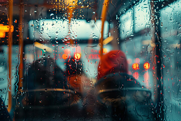 A blurry image of a bus with raindrops on the window. The people inside the bus are wearing hats and coats, and the lights are on. Scene is somewhat gloomy and rainy