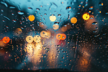 A blurry image of raindrops on a window with a street light in the background. Scene is calm and peaceful, as the raindrops create a serene atmosphere
