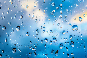 The image is of a window with raindrops on it. The raindrops are scattered all over the window, creating a blurry and hazy effect