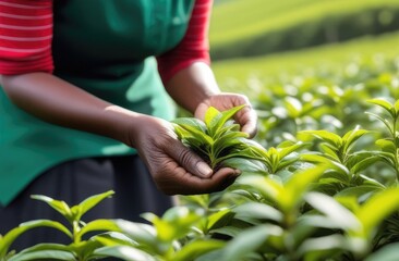 collecting tea leaves, the concept of the International Tea Day - obrazy, fototapety, plakaty