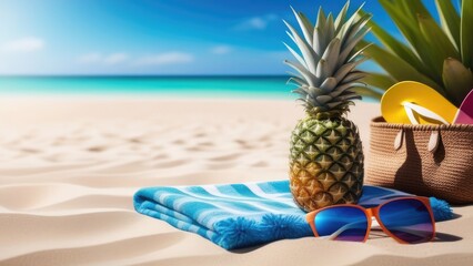 A pineapple with flip-flops, sunglasses at a straw bag on a sandy beach with the ocean and a clear blue sky in the background