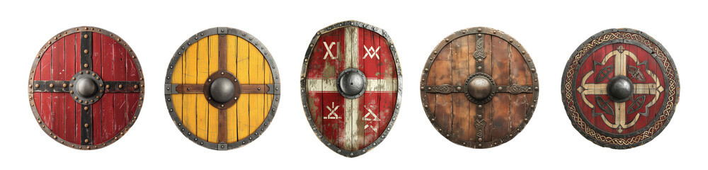 Set of unique viking shields on isolated background