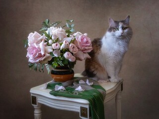 Still life with bouquet of delicate roses and pretty kitty
