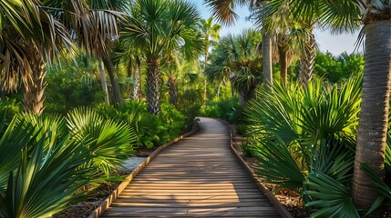 Obraz premium A wooden boardwalk among palmettos and sabal palms leads