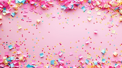Colorful confetti on pink background Bright and festive holiday background