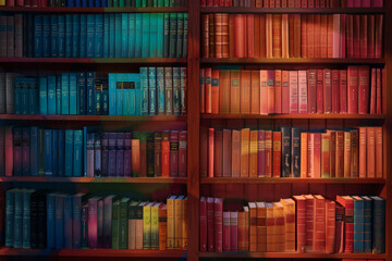 A colorful bookcase with many books on it. The books are arranged in a rainbow pattern, with the colors red, orange, yellow, green, blue, and purple