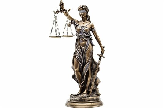 Lady Justice statue isolated on white. Symbol of fair treatment under the law. generative ai
