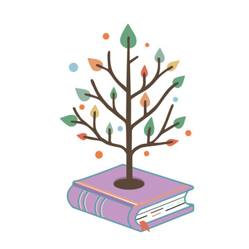a tree grows from a book, knowledge, illustration