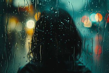 A woman is standing in the rain with her head down. The rain is falling on the window, creating a blurry effect. Scene is melancholic and introspective - obrazy, fototapety, plakaty